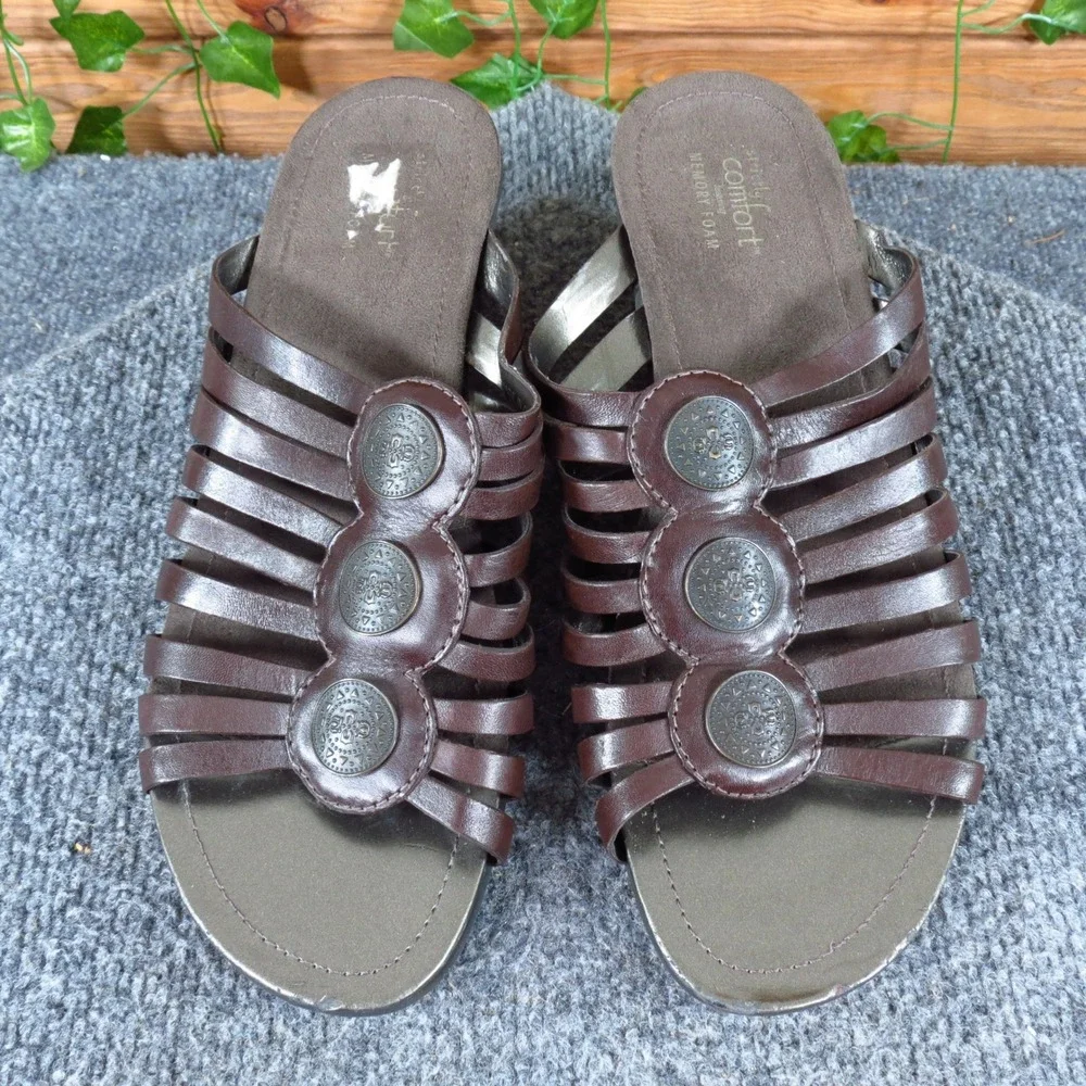 Strictly Comfort Women Strappy Wedge Sandals Sz 9.5 Casual Slide Brown Medallion